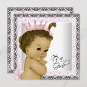 ピンクとグレーのヴィンテージベビーガールシャワー 招待状 (正面/裏面)