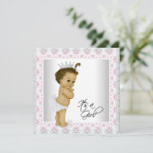 ピンクとグレーのヴィンテージベビーガールシャワー 招待状 (スタンド正面)