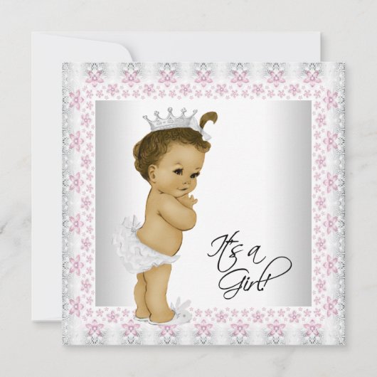 ピンクとグレーのヴィンテージベビーガールシャワー 招待状 (正面)