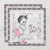 ピンクとグレーのヴィンテージベビーガールシャワー 招待状 (正面/裏面)