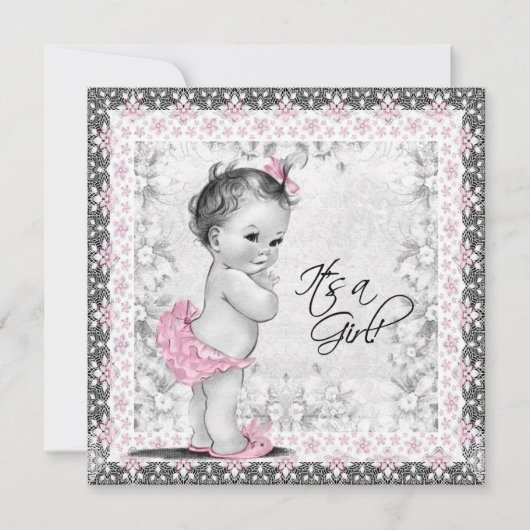 ピンクとグレーのヴィンテージベビーガールシャワー 招待状 (正面)