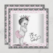 ピンクとグレーのヴィンテージベビーガールシャワー 招待状 (正面/裏面)