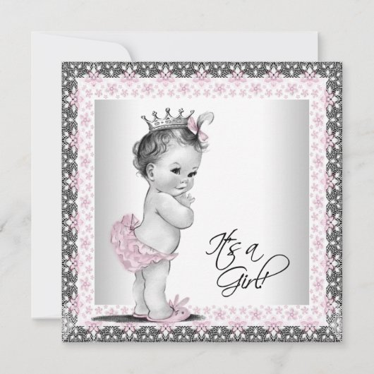 ピンクとグレーのヴィンテージベビーガールシャワー 招待状 (正面)