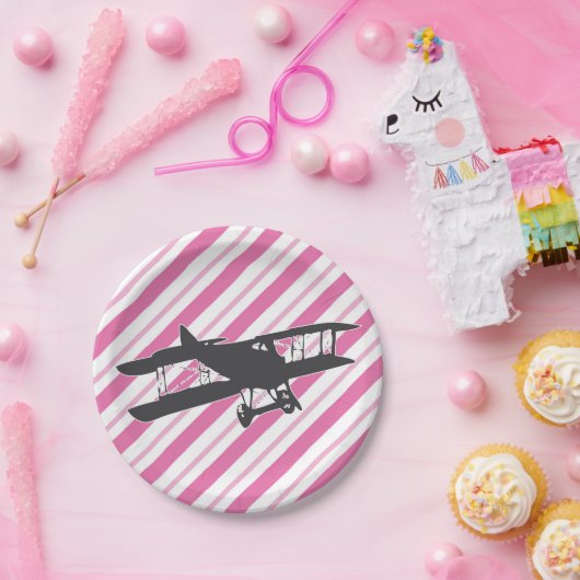 ピンクとグレーのヴィンテージ飛行機紙プレート ペーパープレート (パーティー)