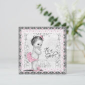 ピンクとグレーのヴィンテージ ベビーガール シャワー 招待状 (スタンド正面)