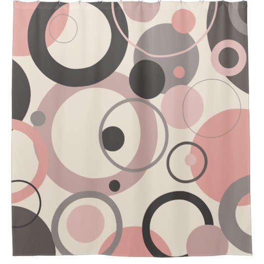 ピンクとグレーの円M世紀モダン シャワーカーテン (正面)