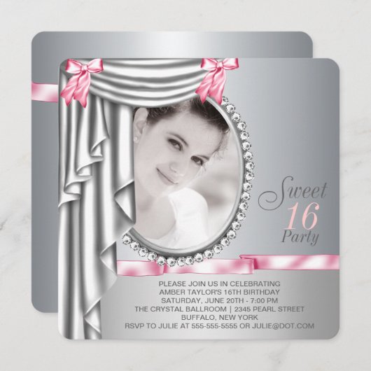 ピンクとグレーの写真甘い16誕生日パーティー 招待状 (正面/裏面)