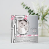 ピンクとグレーの写真甘い16誕生日パーティー 招待状 (スタンド正面)