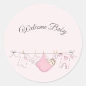ピンクとグレーの可愛らしいベビーガールシャワー ラウンドシール (正面)