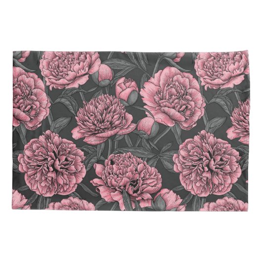 ピンクとグレーの夜の牡丹の庭 枕カバー (裏面)