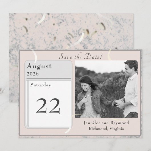 ピンクとグレーの大理石模様のフラットセーブザデートカード セーブザデート (正面/裏面)