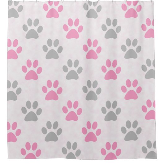 ピンクとグレーの子犬の前足のプリント シャワーカーテン (正面)