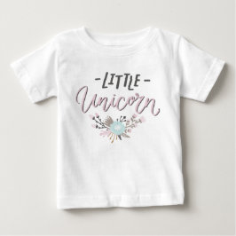 ピンクとグレーの小さなユニコーンの手文字フローラ ベビーTシャツ