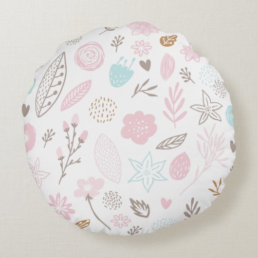 ピンクとグレーの小さなユニコーンの手文字フローラ ラウンドクッション (裏面)