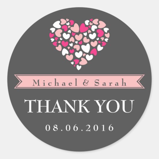 ピンクとグレーの愛結婚の感謝ステッカー ラウンドシール (正面)