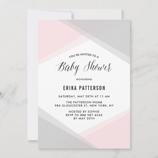 ピンクとグレーの抽象芸術グラディエントモダンベビーシャワー 招待状 (正面)