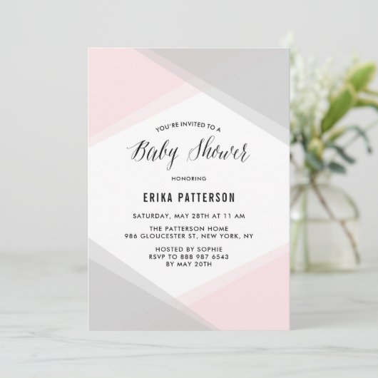 ピンクとグレーの抽象芸術グラディエントモダンベビーシャワー 招待状 (スタンド正面)