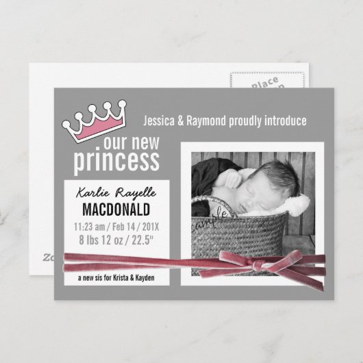 ピンクとグレーの新生児の女の子と写真 案内ポストカード (正面/裏面)