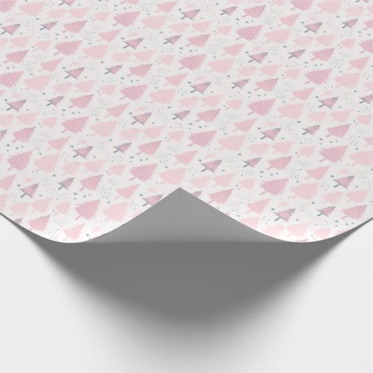 ピンクとグレーの木の雪の結晶クリスマス ラッピングペーパー (角)