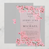 ピンクとグレーの桜の結婚式招待状 招待状 (正面/裏面)