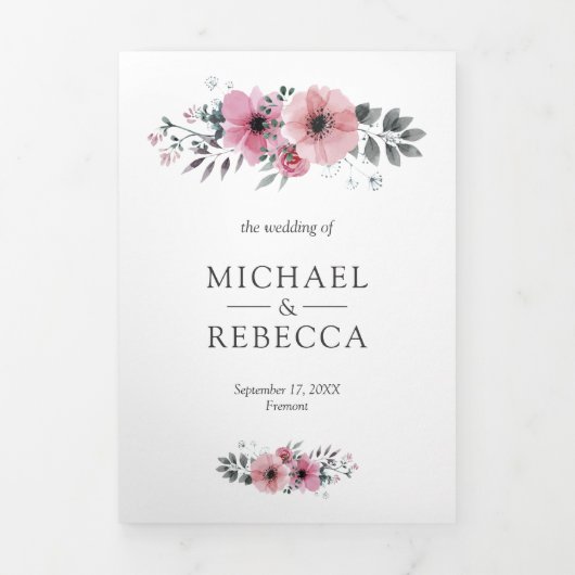 ピンクとグレーの水の色のフローラの写真結婚の 三つ折り招待状 (カバー)