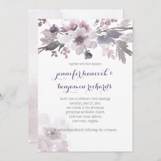 ピンクとグレーの水彩の花が結婚式へ 招待状 (正面/裏面)