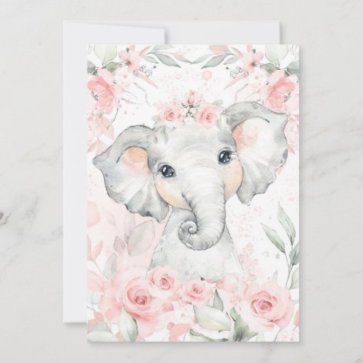 ピンクとグレーの水彩象の女の子ベビーシャワー 招待状 (裏面)