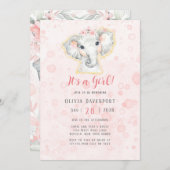 ピンクとグレーの水彩象の女の子ベビーシャワー 招待状 (正面/裏面)
