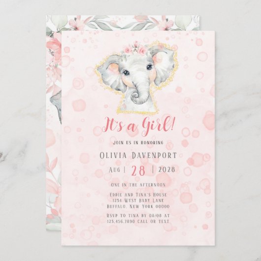 ピンクとグレーの水彩象の女の子ベビーシャワー 招待状 (正面/裏面)