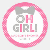 ピンクとグレーの水玉模様オ女の子ベビーシャワー ラウンドシール (正面)