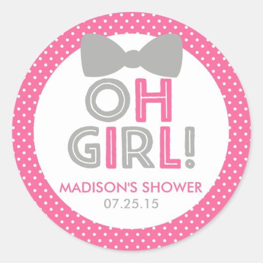 ピンクとグレーの水玉模様オ女の子ベビーシャワー ラウンドシール (正面)