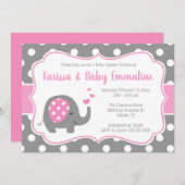 ピンクとグレーの水玉模様ゾウの赤ちゃんシャワー 招待状 (正面/裏面)