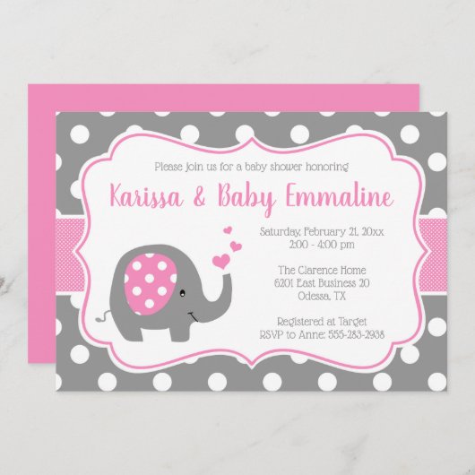 ピンクとグレーの水玉模様ゾウの赤ちゃんシャワー 招待状 (正面/裏面)