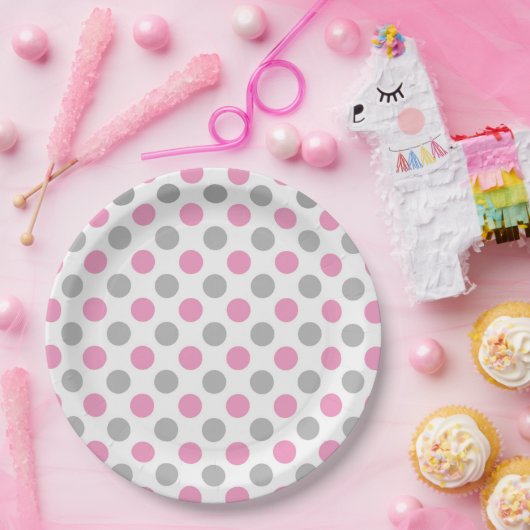 ピンクとグレーの水玉模様パターン ペーパープレート (パーティー)