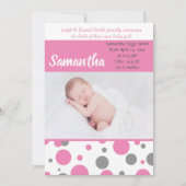 ピンクとグレーの水玉模様 |ベビーガールフォト誕生 案内状 (正面)