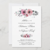 ピンクとグレーの水色のフローライスラーム結婚ズ 招待状 (正面)