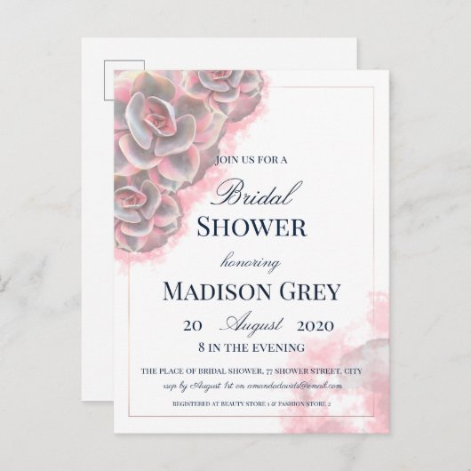 ピンクとグレーの水色の多肉類ブライダルシャワー インビテーションポストカード (正面/裏面)