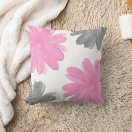 ピンクとグレーの水色の花 クッション (ブランケット)