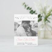 ピンクとグレーの結婚式の日付はがきを保存 シーズンポストカード (スタンド正面)