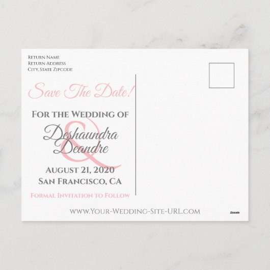 ピンクとグレーの結婚式の日付はがきを保存 シーズンポストカード (裏面)