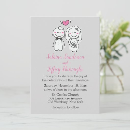 ピンクとグレーの結婚漫画の新郎新婦 招待状 (スタンド正面)