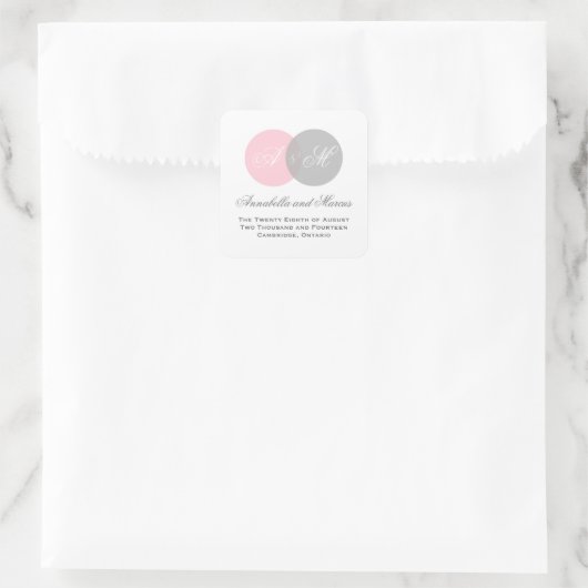 ピンクとグレーの絡み合ったモノグラム結婚のステッカー スクエアシール (バッグ)