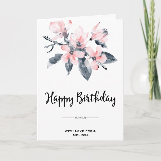 ピンクとグレーの花のクラシックな水彩画の誕生日 カード (正面)