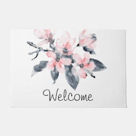 ピンクとグレーの花の上品な水の色へようこそ ドアマット