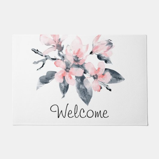 ピンクとグレーの花の上品な水の色へようこそ ドアマット (正面)