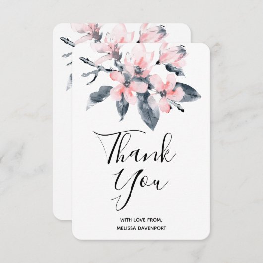 ピンクとグレーの花の上品な水彩ありがとう サンキューカード (正面/裏面)