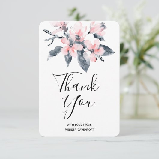 ピンクとグレーの花の上品な水彩ありがとう サンキューカード (スタンド正面)