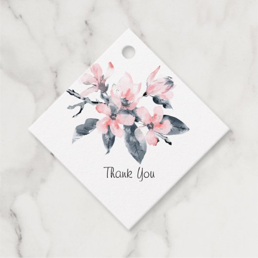 ピンクとグレーの花の上品な水彩ありがとう フェイバータグ (正面)