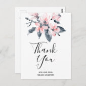 ピンクとグレーの花の上品な水彩ありがとう ポストカード (正面/裏面)