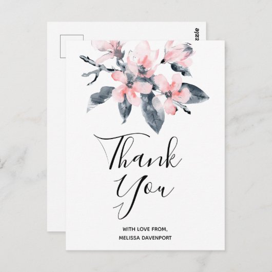 ピンクとグレーの花の上品な水彩ありがとう ポストカード (正面/裏面)